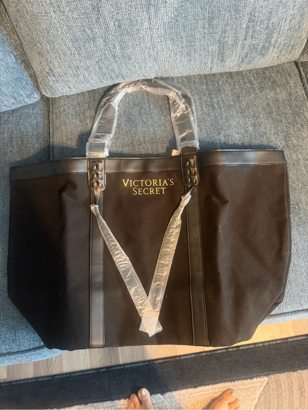 Victoria's Secret Black Canvas Tote with Gold Logo